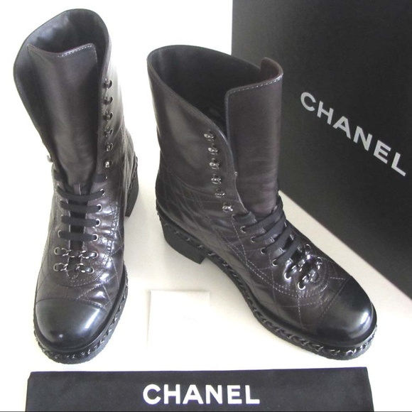 CHANEL CC quilted chain cap toe combat boots 37 7 - Picture 2 of 8